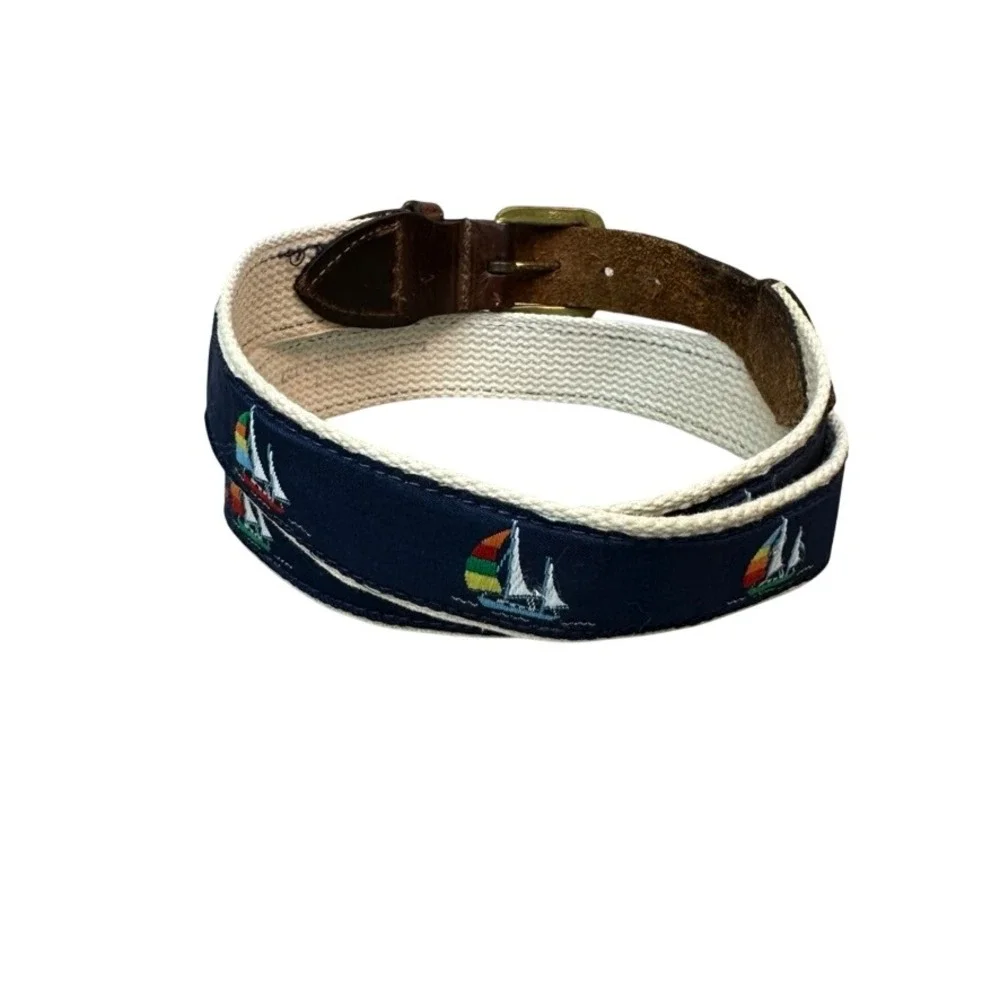 Polo Ralph Lauren Canvas Leather Belt Brown Cream Nautical Embroidered Men 38